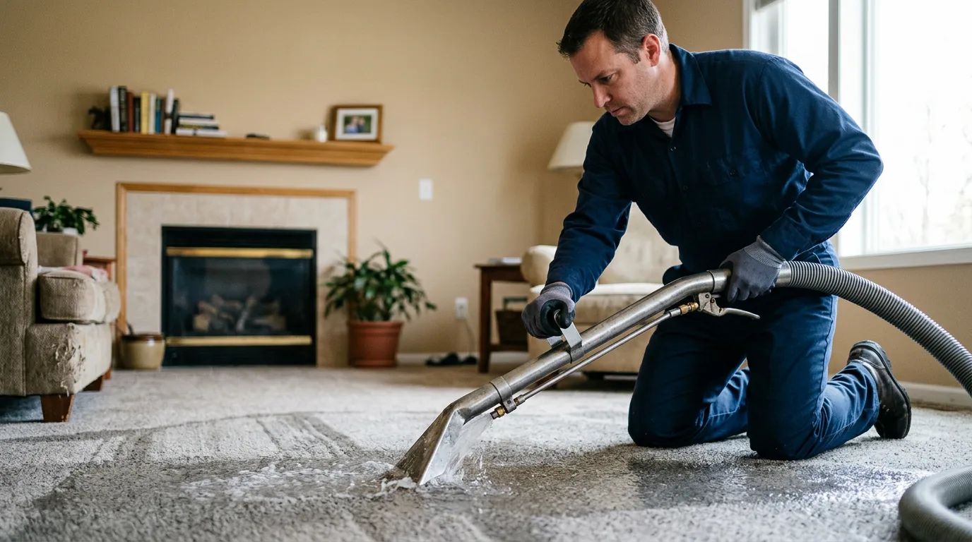 Water damage restoration technician working near Bedford, OH